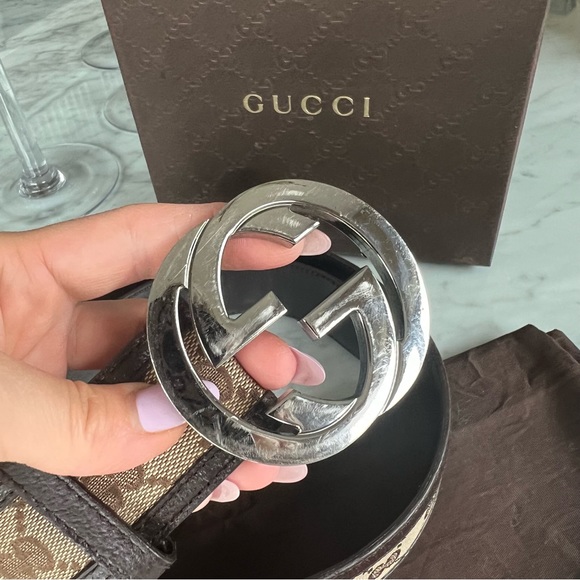 Authentic ✨Vintage Gucci GG Canvas & Brown Leather Interlocking G Belt 90/36 - Picture 7 of 11